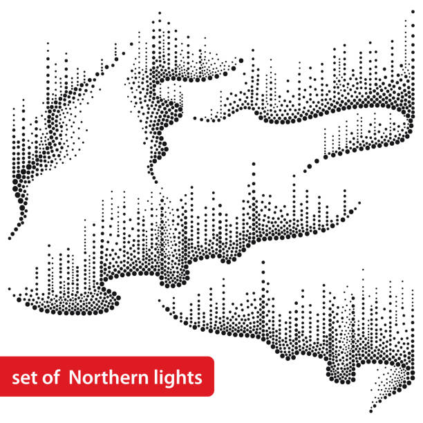 stockillustraties, clipart, cartoons en iconen met vector set met gestippelde wervelingen van noordelijke of aurora borealis in zwarte geïsoleerd op witte achtergrond. - northern light