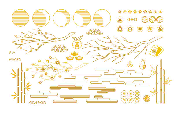 Vector set with elements, icons and symbols for Chinese New Year, Happy Mid Autumn Festival. Vector set with elements, Chinese icons and traditional symbols for decoration cards, web design, banners for Chinese New Year, Happy Mid Autumn Festival. Isolated. Gold colored, flat design style. full moon illustrations stock illustrations
