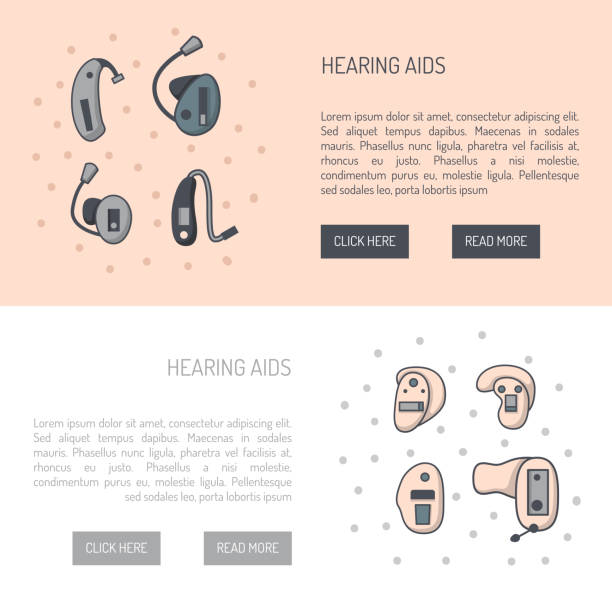 zestaw wektorowy z płaskim tłem aparatów słuchowych - hearing aids stock illustrations