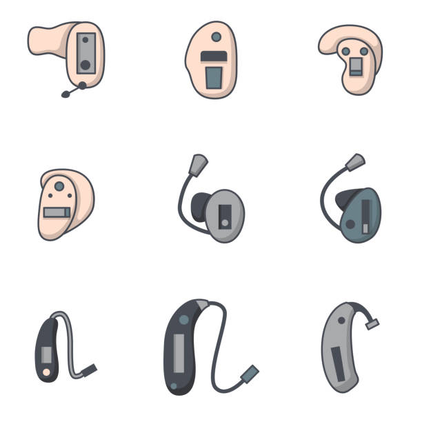 Vector set with flat line hearing aids icons Vector illustration with flat oultine hearing aids icons. Background for hearing aid center, medical clinic for deaf people with hearing loss. Vector set in line style. Ears health. Audiology device hearing aids stock illustrations