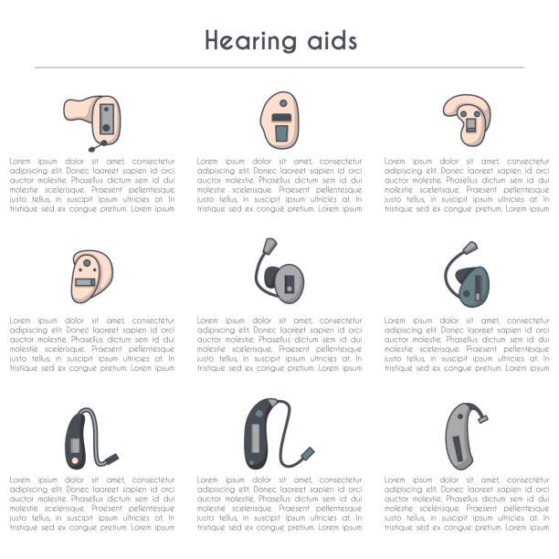 zestaw wektorowy z płaskimi ikonami aparatów słuchowych - hearing aids stock illustrations