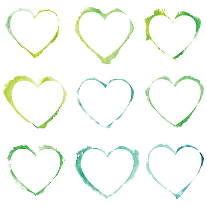 Vector set with green watercolor hearts.