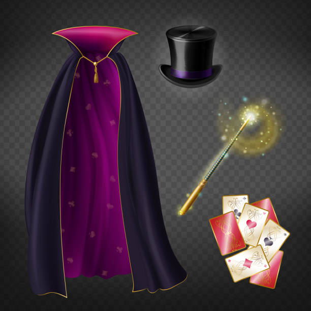 Vector set with illusionist equipment for tricks Vector realistic set with illusionist equipment for tricks isolated on transparent background. Magician cape, black top hat, playing cards, magic wand with glow and sparkles. Clipart for your design cape garment stock illustrations