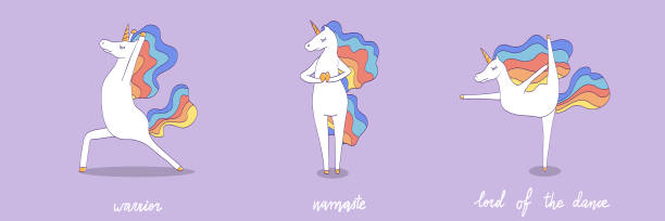 Vector set with unicorn doing yoga and meditation Vector set with unicorn doing yoga and meditation. Funny animal character for fitness print. namaste greeting stock illustrations