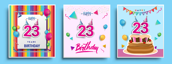 Vector Sets of Birthday invitation, greeting card Design, with confetti and balloons, birthday cake, Colorful Vector template Elements for your Birthday Celebration Party.
