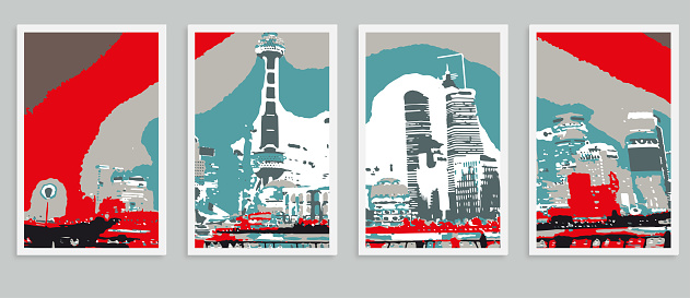 Vector Shanghai city bund skyline scene engraving style pattern postcard illustration banner backgrounds