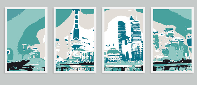 Vector Shanghai city bund skyline scene woodcut style pattern postcard illustration banner backgrounds