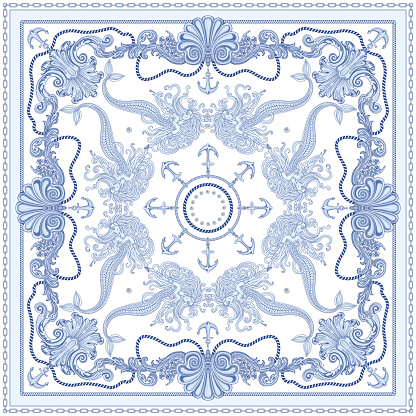 Vector shawl blue print on a white background. Fashionable silver chains and anchor pattern, Baroque fantasy scroll, blue beautiful mermaid and pearls. Scarf, bandana, neckerchief, silk patch, carpet