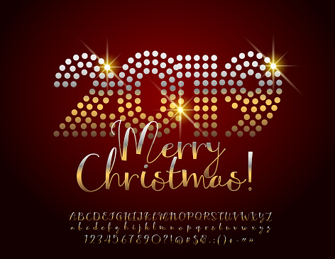Vector Shiny Merry Christmas 2019 Greeting Card With Calligraphic