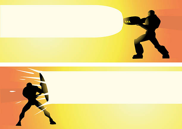 Vector Shooting and Shielding Silhouette A silhouette style illustration of two superheroes in two situations robot silhouettes stock illustrations