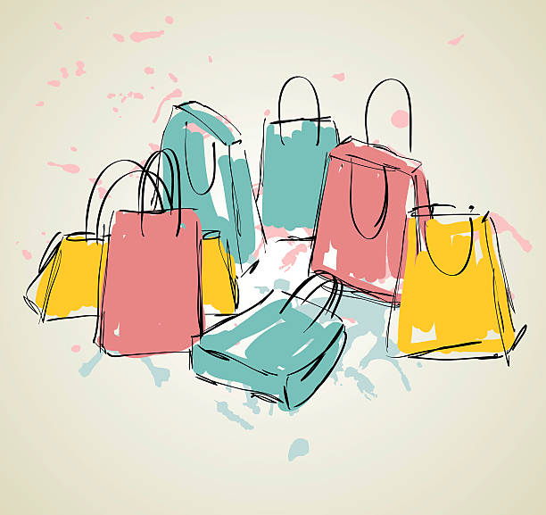 vector shopping bags vector sketch illustration with colored shopping bags. shopping drawings stock illustrations