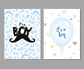 Vector set of blue baby shower cards for baby boys. It's a boy card. Vector invitation with cute pattern, balloon. Baby arrival and shower