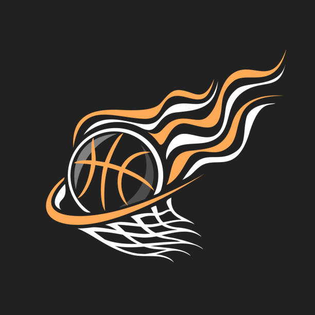 Vector sign for Basketball Vector sign for Basketball, decorative badge with burning basketball ball flying on trajectory in basket with net on black background, sports chalk sketch on blackboard. basketball hoop stock illustrations