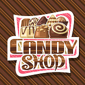 Vector signage for Candy Shop, cut paper signboard with illustration of various chocolate praline and round small candy with topping spiral, unique lettering for words candy shop on striped background.