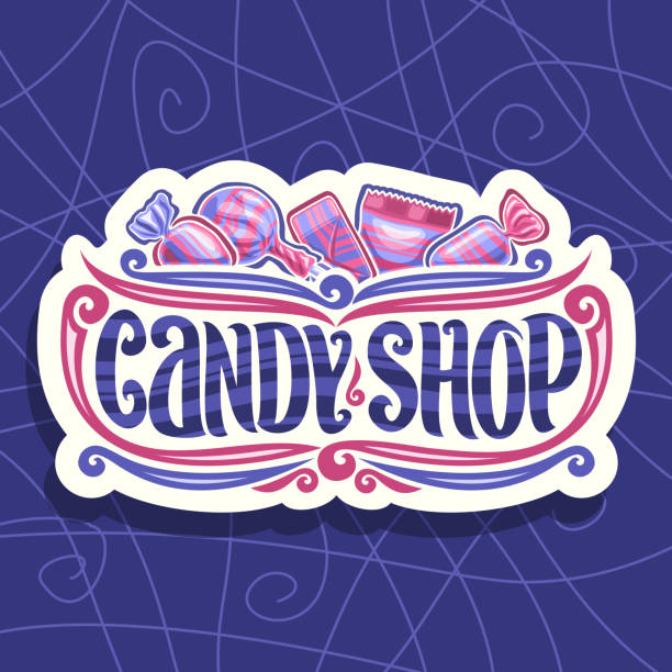 Vector signboard for Candy Shop Vector signboard for Candy Shop, on cut paper signage 5 wrapped sweets in pink and blue plastic package, original font for words candy shop, lollipop in striped wrap, fruit hard candies in glossy wrapping. candy store stock illustrations