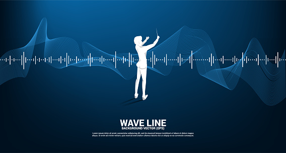 Vector silhouette of conductor with Sound wave Music Equalizer background. Concept background for classic music concert and recreation.