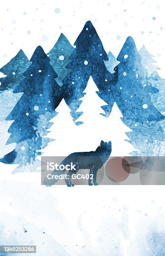 istock Vector silhouette of fox. Watercolor winter landscape with isolated animal, snow and coniferous forest in blue color.  Watercolor Christmas vector illustration. 1340253286