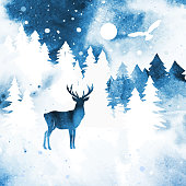 istock Vector silhouette of reindeer. Watercolor winter landscape with isolated deer, owl, coniferous forest, snow, moon and abstract splashes in blue color. 1338670337