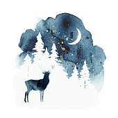istock Vector silhouette of reindeer. Watercolor winter landscape with isolated animal, sky, moon and forest in blue and gold colors. Watercolor deer vector illustration and splash. 1301228958