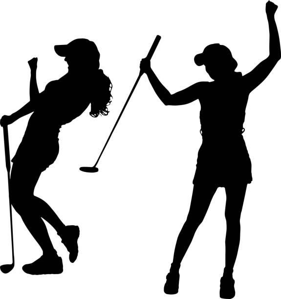 векторный силуэт женщины. - golfer swinging club illustrations stock illust...