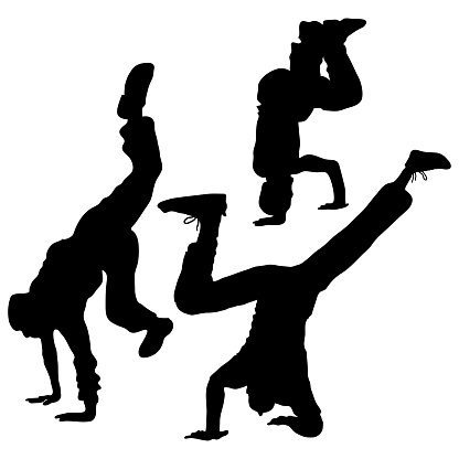 Vector silhouettes of 5 guys dancing break dance. Isolated male handstand, headstand. Dancers are acrobats