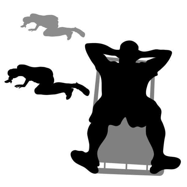 Vector silhouettes of lying people. Black silhouette of a man on a deck chair. Female silhouette, the girl lies on her side, hands behind the head, shorts, Isolated on white background. Vector silhouettes of lying people. Black silhouette of a man on a deck chair. Female silhouette, the girl lies on her side, hands behind the head, shorts, Isolated on white background sleeping silhouettes stock illustrations