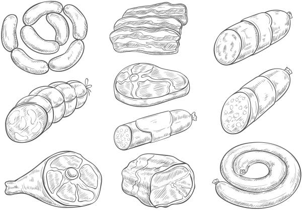 stockillustraties, clipart, cartoons en iconen met vector schets iconen van slagerij vleesproducten - chorizo