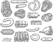 Meat product delicatessen and sausages sketch icons. Vector isolated set of pepperoni, cervelat or salami sausage, pork filet or brisket and beef steak tenderloin, mutton ribs and veal bacon or ham