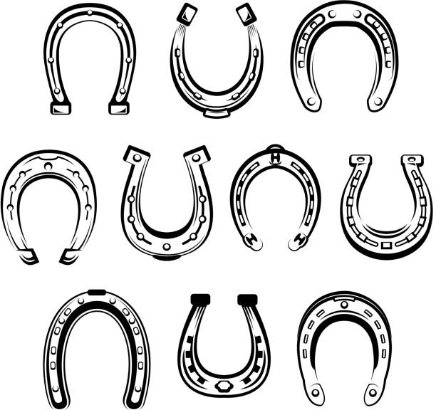 Vector sketch icons set of horseshoe symbols Horseshoe vector sketch icons set. Isolated horse metal retro shoe for mustang or stallion hoof forged by blacksmith with holes for nails. Symbols of Good Luck for talisman or heraldic mascot horseshoe stock illustrations