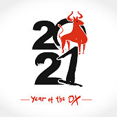 Vector sketch illustration. Year of the Ox 2021. Chinese New Year. Calligraphy card black and red.