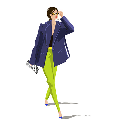 vector sketch of a  young woman walking with a newspaper. Casual look, street fashion.