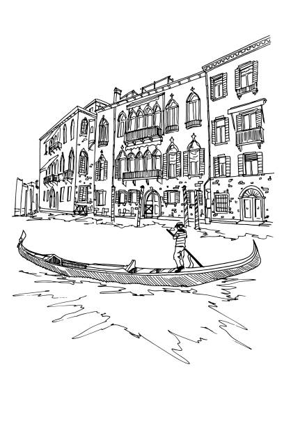 illustrazioni stock, clip art, cartoni animati e icone di tendenza di vector sketch della scena a venezia con canale, gondola e architettura. - venezia
