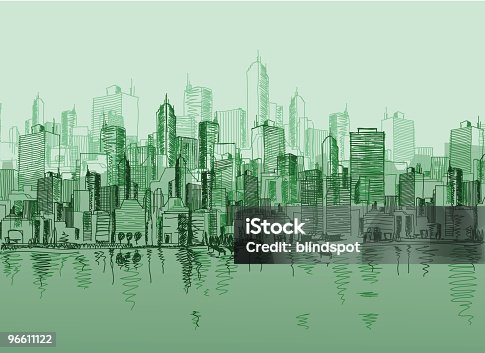 istock Vector sketch of the a cityscape in various green tones 96611122