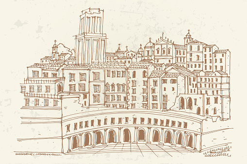 vector sketch of Trajan's Market (Mercati Traianei). Rome. Italy.