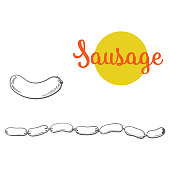 vector sketch sausages chain. Cartoon isolated illustration on a white background. Sausage and meat types concept