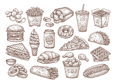 Vector sketch set of fast food. Hand drawing food in vintage style