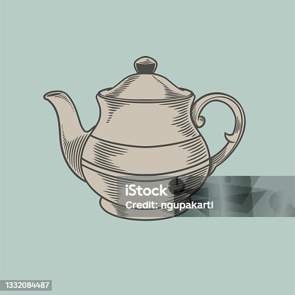 istock Vector sketch teapot illustration. Chinese porcelain kettle isolated in retro style. Kitchen utensils, cooking stuff for menu decoration. Engraved hand drawn in old vintage sketch 1332084487