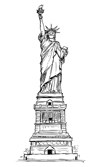 Vector Sketchy Illustration of The Statue of Liberty Wearing Face Mask. Concept of Coronavirus COVID-19 Epidemic in the New York City.