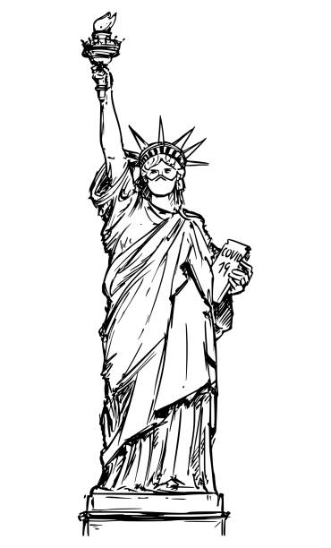 Vector Sketchy Illustration of The Statue of Liberty Wearing Face Mask. Concept of Coronavirus COVID-19 Epidemic in the New York City. Vector Drawing Illustration of the Statue of Liberty Wearing face mask protection due the coronavirus COVID-19 epidemic outbreak in the New York City, United States. cartoon of a statue of liberty free stock illustrations