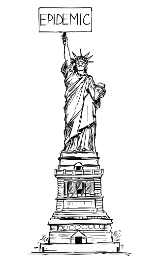Vector Sketchy Illustration of The Statue of Liberty Wearing Face Mask and Holding Epidemic Sign. Concept of Coronavirus COVID-19 in the New York City.