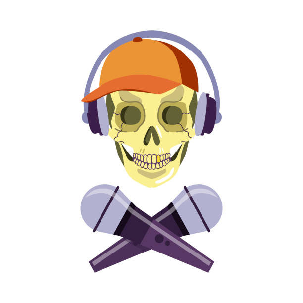 Vector skull in headphones cap crossed microphones Flat skeleton skull in cap and headphones with crossed microphones icon. Rap, hip hop battle, party symbol. Vector isolated illustration. mic stencil stock illustrations