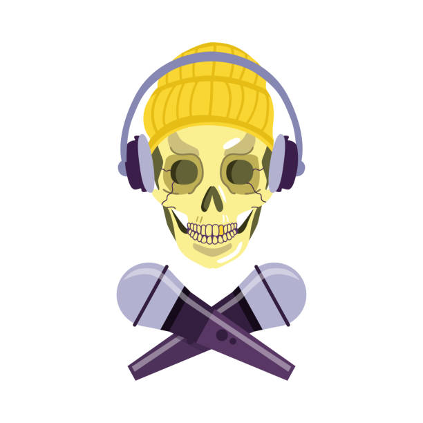 Vector skull in headphones chat crossed microphones Flat skeleton skull in knitted hat and headphones with crossed microphones icon. Rap, hip hop battle, party symbol. Vector isolated illustration. mic stencil stock illustrations