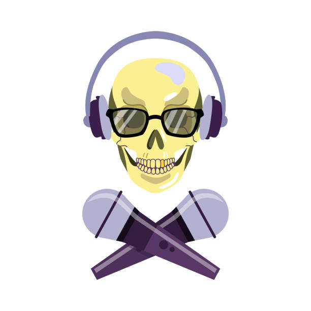 Vector skull in headphones crossed microphones Flat skeleton skull in sunglasses and headphones with crossed microphones icon. Rap, hip hop battle, party symbol. Vector isolated illustration. mic stencil stock illustrations