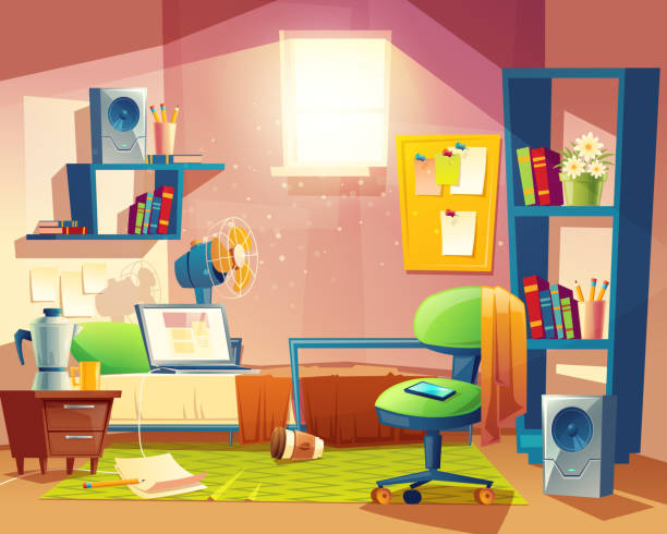 Vector small room, cartoon bedroom with furniture Vector small room with mess, cartoon bedroom, dormitory with furniture. Student, pupil cozy apartment with bed, laptop, armchair, carpet, bookshelf, loudspeakers, fan board Architecture background mini fan stock illustrations