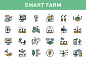 Vector smart farm icon set. Line illustrations of technology agriculture. Simple and clear digital farming symbols. Innovation farmer management concept