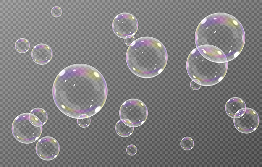 Vector soap bubble. Realistic soap bubble png, glare. Foam bubbles png. Powder, soap, detergent.