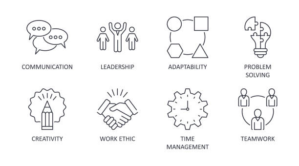 Vector soft skills icons. Editable stroke. Interpersonal attributes symbols succeed in workplace. Communication teamwork adaptability problem solving creativity work ethic time management leadership Vector soft skills icons. Editable stroke. Interpersonal attributes symbols succeed in workplace. Communication teamwork adaptability problem solving creativity work ethic time management leadership. soft skills stock illustrations