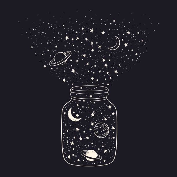 Vector space background with jar, constellations, planets, moon and stars Vector hand drawn background with glass jar, constellations, planets, moon and stars. Space doodle illustration sleeping patterns stock illustrations