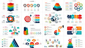 Vector startup infographics, diagram chart, graph and presentation. Business report with 4, 5, 6 and 7 options, parts, steps processes. Puzzle, circles, target, pyramid, map and timeline.