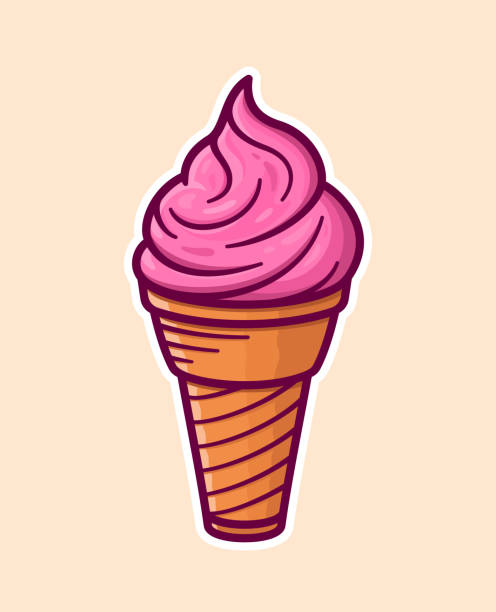 ilustrações de stock, clip art, desenhos animados e ícones de vector sticker with pink ice cream in the cone - strawberry ice cream
